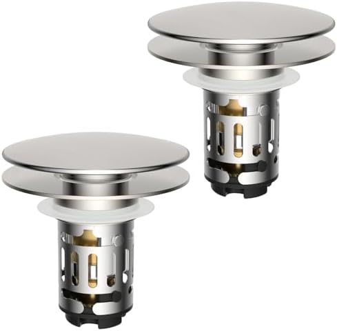 Hibbent 2 Pack Upgraded 3 in 1 Bathroom Sink Drain Strainer, Pop Up Sink Stopper with Big Cap, Anti-Clogging Metal Filter Basket,Sink Plug with Hair Catcher for 1.1''~2.36'' Basin, Brushed Nickel by Hibbent