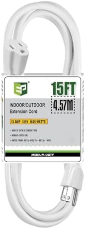 EP 15 FT Outdoor Extension Cord, 16/3 SJTW Heavy Duty White, ETL Listed by ENERGYPRO