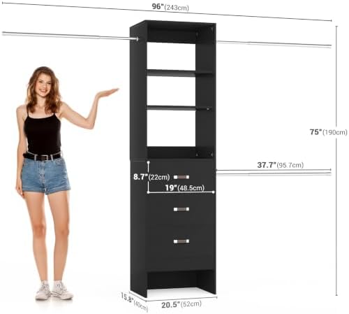 Besiost 96'' Closet Organizer System with 3 Hanging Rods, 8FT Closet Organizers and Storage with 3 Wooden Drawers, Built in Closet Organizer Systems, Adjustable Walk-in Wardrobe from 5-8FT, Black - Image 2
