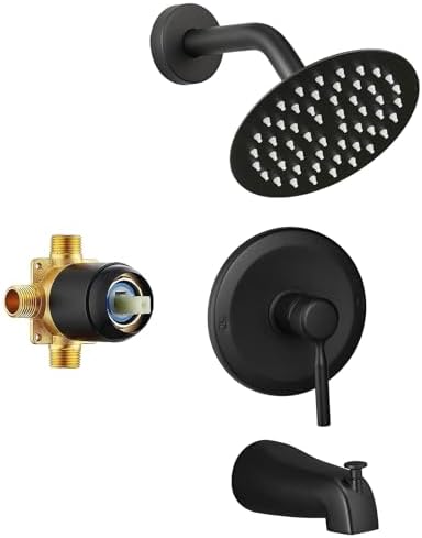 Tub Shower Faucet Set Valve Included with 6-Inch Rain Shower Head and Tub Spout Single-Handle Tub and Shower Trim Kit Matte Black by APROMOOM