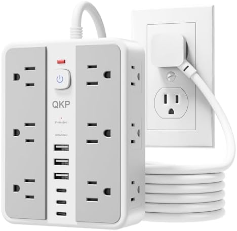 12-Outlet Power Strip with 2400J Surge Protector, 6 USB(3 USB C) &10FT Cord by QKP