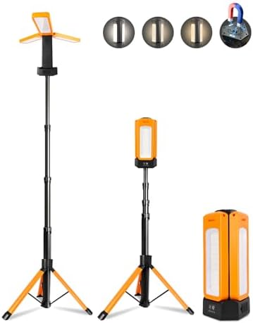 12000mAh Rechargeable LED Work Light with 74.8" Tall Stand, 2000/2500/3000 Lumens, Portable Cordless Work Light, 3000K/4500K/6000K Dimmable Camping Light with Detachable Tripod, Bag Included, Orange by CuLiDing