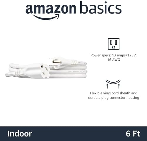 Amazon Basics Extension Cord, 3 Prong Outlet Extender, Indoor, 13 Amps, 125V, 6 Ft, White - Image 2