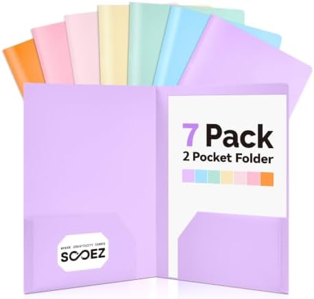 Sooez 7Pack Folders with Pockets, Plastic Pocket Folders with Extra Labels by Sooez