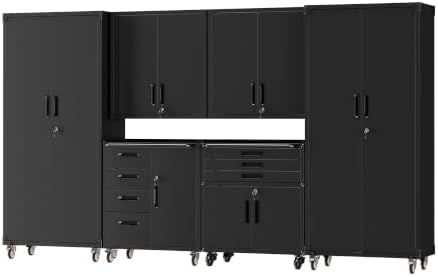 6-Piece Garage Storage Cabinets System Heavy Duty Workshop Set Includes Wall-Mounted and Rolling Cart Metal Tool Organization System for Garage Workshop by FLIXELIO