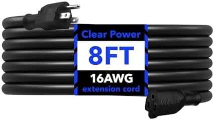 Clear Power 8 ft Extension Cord - 16/3 SJTW, Black Waterproof, Weather Resistant, Flame Retardant, 3-Prong Grounded Plug for Safe and Reliable Use - Ideal for Home, Garage, and Outdoor Projects by ClearPower