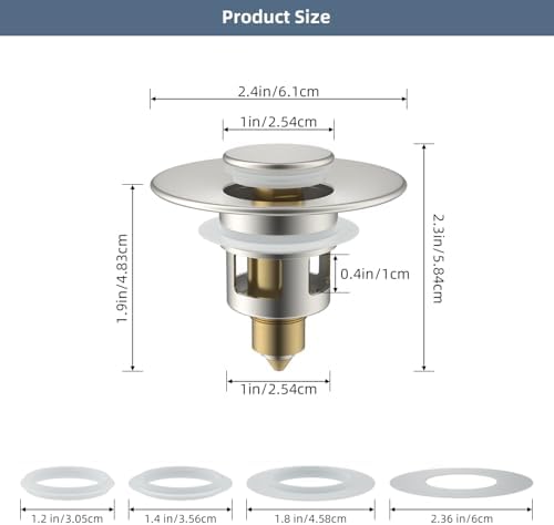 Hibbent All Metal Universal Bathroom Sink Stopper for 1.1''~2.3'' Basin, Pop Up Sink Drain Strainer, Brass Bullet Core Push Type Stopper, Stainless Steel Anti Clogging Drain Filter, Brushed Nickel - Image 4