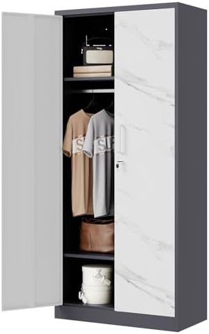 Letaya Wardrobe Closet, 72" H Clothing Storage Cabinet with Adjustable Shelves and Hanging Rod, Bedroom Armoire Clothes Organizer (White Gray) by LetayaMetalCabinets