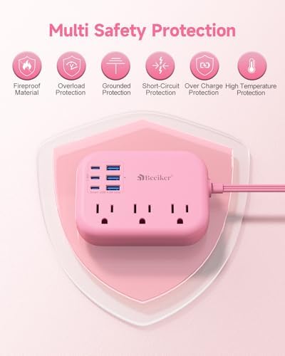 Beeiker 6 USB (3 USB C) Pink Power Strip, 5Ft Extension Cord, 3 Outlets - Image 6