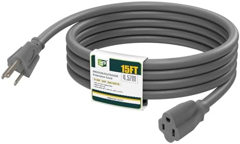 EP 15 FT Outdoor Extension Cord, 16/3 SJTW Heavy Duty Grey, ETL Listed by ENERGYPRO