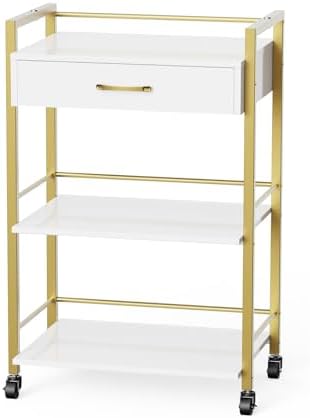 OmySalon Salon Trolley Cart with Wheels, Esthetician Cart with 1 Drawer & 2 Trays, Mobile Storage Organizer for Beauty Spa Massage Tattoo Esthetic Facial Tool Holder Station, White Gold by OmySalon