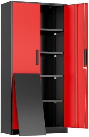 Greenvelly Metal Garage Storage Cabinet, 72" Black Red Tool Steel Locking Cabinet with Doors and 4 Shelves, Tall Cabinets for Garage Storage Systems Lockable File Cabinet for Home Office,Garage by Greenvelly