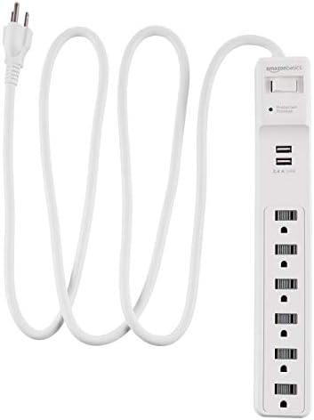 Amazon Basics Power Strip Surge Protector with 6 Outlets,2 USB Ports,1000 Joule Protection,6 Foot Extension Cord,Rectangle,White,(Pack of 6) by AmazonBasics