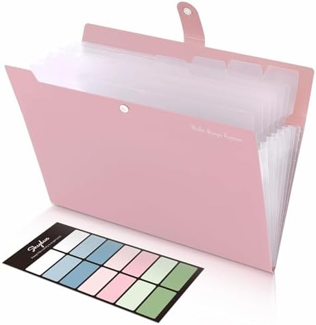 SKYDUE 8 Pockets Expanding File Folders, Accordion Folders, Portable Paper Bill Receipt Organizer, Letter Size, Home College School Office Supplies, Pink by SKYDUE