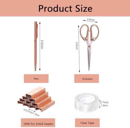 suniya Office Supplies Rose Gold Desk Accessories Set Office Supplies Kit with Stapler, Tape Dispenser, Scissors, Staple Remover, Ballpoint Pen, Clear Tape & Staples – Best Gift for Business or Boss - Image 6