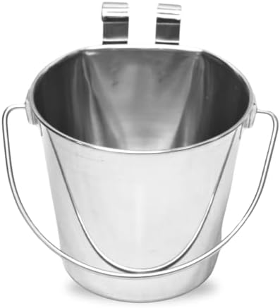 4 Quart Stainless Steel Flat Sided Bucket with Dual Hooks | 1 gal Durable Food & Water Bowl for XL Dogs, Cats, Goat & Livestock | Fits kennel Cage Critter Crate | Hanging Utility Pet Pail by AASPIREPETS