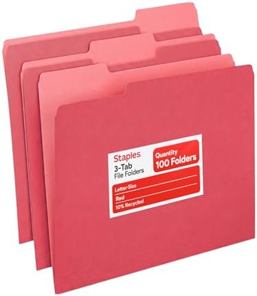 Staples File Folders, Letter Size, 1/3-Cut Tabs, Red, 100/Pack by Staples