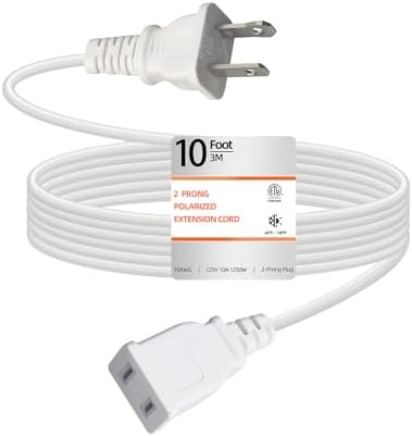 10 Feet Extension Cord White Flat Thin 2 Prong 10A ETL Listed (1 Pack) by UVTaoYuan