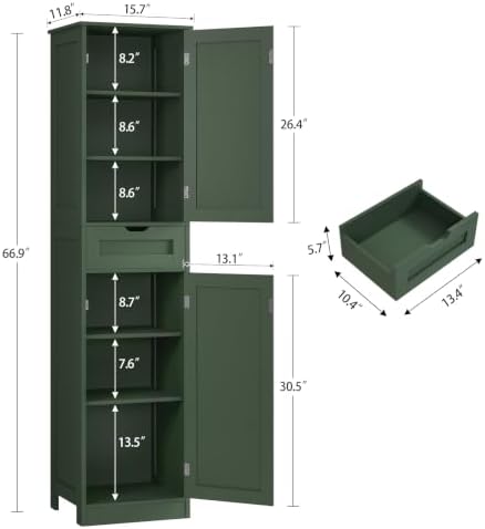 TEENFON Tall Bathroom Cabinet with 2 Doors & 1 Drawer, Narrow Bathroom Storage Cabinet with Adjustable Shelves, for Living Room, Entryway, Kitchen, Forest Green - Image 2