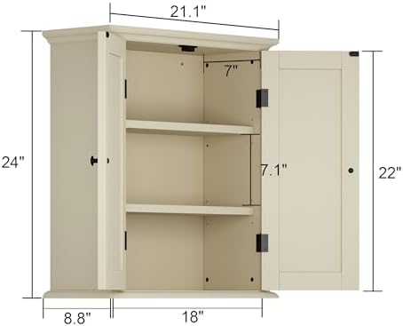 ChooChoo Bathroom Wall Cabinet, Over The Toilet Space Saver Storage Cabinet, Medicine Cabinet with 2 Door and Adjustable Shelves, Cupboard, Cream Yellow - Image 3