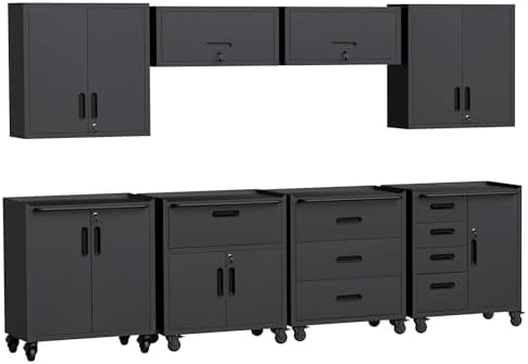 Black Garage Storage Cabinets System 8PCS Workshop Set with Drawers Locking Heavy Duty Rolling Cart with Adjustable Shelves Garage Tool Workbench Cabinets,8pcs-3 by FLIXELIO