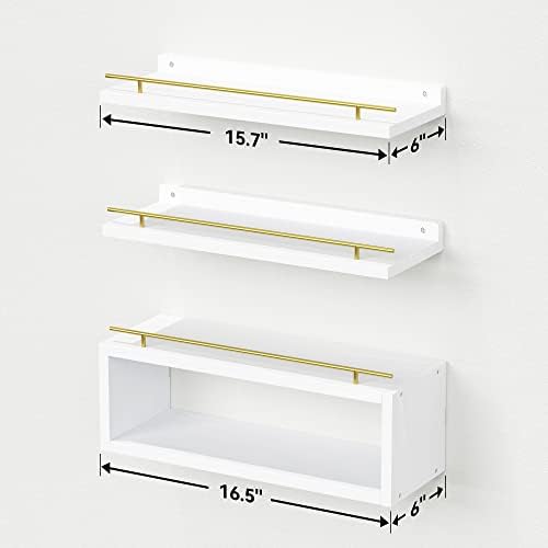 WOPITUES Floating Shelves for Wall with Cube Shelf, Wall Shelves with Metal Rail for Decor, Bathroom Organizers and Storage, Over Toilet Shelves for Bathroom, Toilet Paper-White&Gold - Image 3