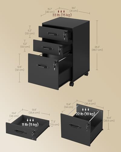 VASAGLE 3-Drawer Mobile File Cabinet, Home Office, Locking, Printer Stand - Image 3