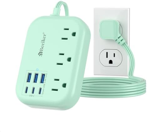 6 USB (3 USB C) Green Travel Power Strip, 5Ft Extension Cord, 3 Outlets by Beeiker-BetterHelperforYou