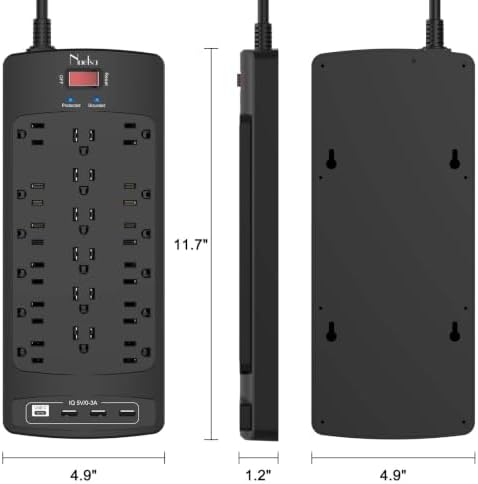 18 Outlets Surge Protector Power Strip - Nuetsa 10 Feet Flat Plug Heavy Duty Extension Cord with 18 Widely Outlets and 4 USB Ports, 2100 Joules, Black, ETL Listed - Image 7