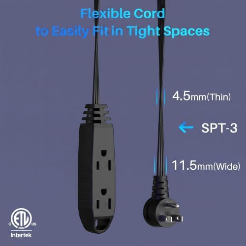 3-Outlet Flat Extension Cord 7 FT, 3 Prong Angled Plug, SPT-3, Power Strip - Image 2