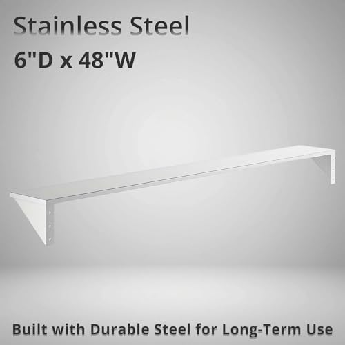6" x 48" Heavy Duty Stainless Steel Floating Wall Mounted Shelf, Commercial Kitchen Storage Shelf - Image 2