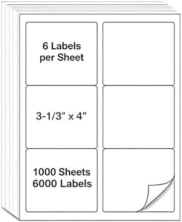 MPRT 1000 Sheets 3-1/3" x 4" Shipping Address Labels Printable Label Stickers Paper for Laser/Inkjet Printer 6 per Page Mailing Labels, FBA Box Labels - Matte, 6000 Labels by Unknown