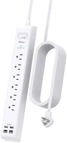 Long Power Strip Flat Plug Extension Cord, 10-in-1 with 6 AC Outlets 4 USB Ports(2 USB-C), Ultra Flat Plug Braided Extension Cord, Wall Mountable, 1080J Surge Protection by Mifaso