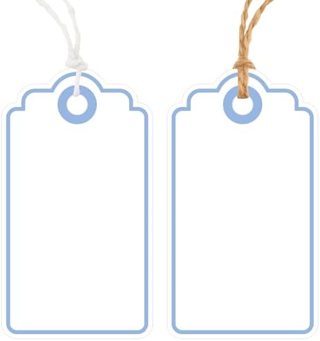 Anwyll Gift Tags with String - 100Pcs Blue Gift Bag Tags Personalized White Blank Hanging Paper Label Tag for Baby Shower Birthday Party Wedding Christmas Favor Present by Anwyll