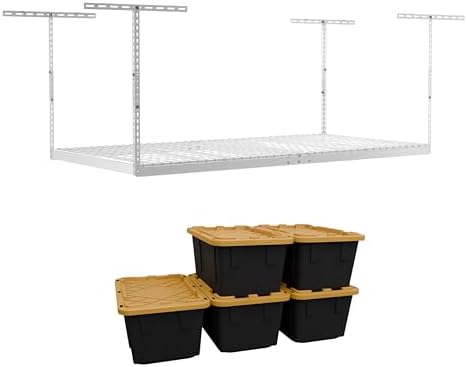 MonsterRAX 4x8 Rack and Bins Bundle | 4’ x 8’ Overhead Rack w/Storage Bins (White, 12"-21") by MonsterRAXStorageSolutions