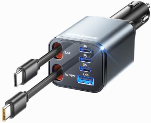 SUPERONE Retractable Car Charger, 6-Port [Ultra-Compact] Car Charger USB C by SUPERONE