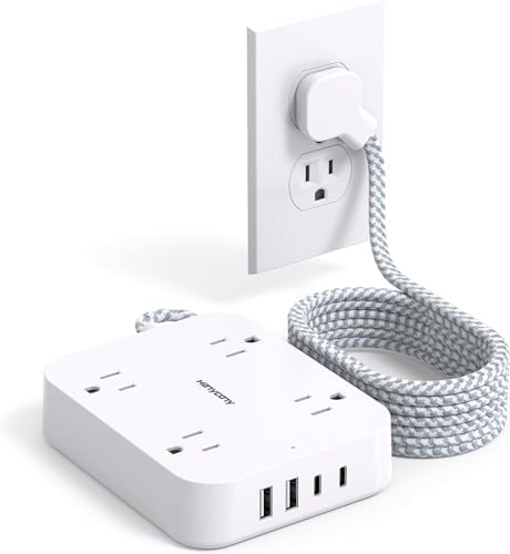 10 Ft Extension Cord, Flat Power Strip with 4 Outlets 4 USB Ports (2 USB C) by HANYCONY