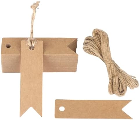G2PLUS 100PCS Mini Kraft Paper Gift Tags with String, 2.8 x 0.8 in Blank Paper Present Tags, Brown Hang Tags with Jute Twine for DIY Arts & Crafts, Businesses, Wedding, Christmas Party Favors by G2PLUS