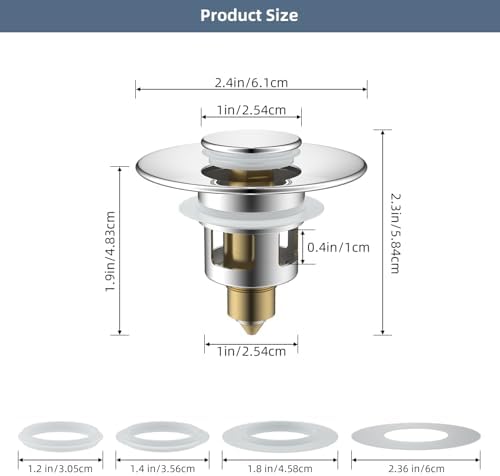 Hibbent 2 Pack All Metal Universal Bathroom Sink Stopper for 1.1''~2.3'' Basin, Pop Up Sink Drain Strainer, Brass Bullet Core Push Type Stopper, Stainless Steel Anti Clogging Drain Filter, Chrome - Image 4