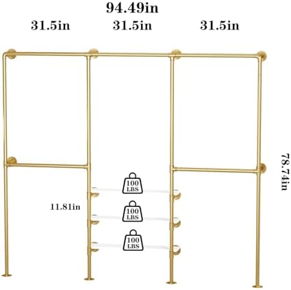 Industrial Pipe Clothing Rack, Gold Clothing Rack with Shelves, Wall Mounted Clothes Rack Heavy Duty Closet Organizers Wardrobe Multi-Purpose Storage Clothes Hanging Shelf- 94.5''L Gold - Image 6