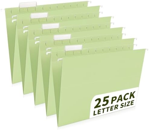 25-Pack Green Hanging File Folders, Letter Size (8.5" x 11") with 1/5-Cut Tabs,Includes 35 Transparent Label Cards & 50 Sticker Labels for Home & Office Organization by Jowaia