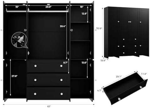 VOWNER 71" Armoire Wardrobe Closet with Drawers and Mirror, 6 Doors - Image 2