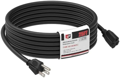 EP 25 FT Outdoor Extension Cord, 16/3 SJTW Heavy Duty Black, ETL Listed by ENERGYPRO