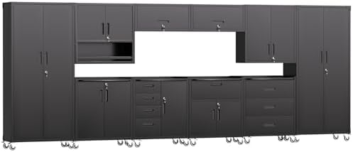 Garage Storage Cabinets System 10PCS Workshop Set with Drawers Locking Heavy Duty Rolling Cart with Adjustable Shelves Garage Tool Workbench Cabinets, Black by FLIXELIO