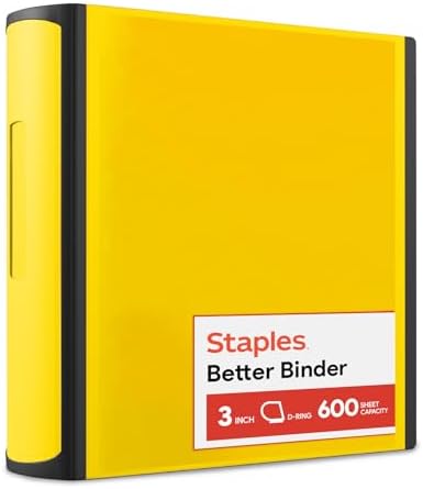 Staples Heavy-Duty 3-Inch D-Ring Binder, Yellow, Holds 600 Sheets by Staples