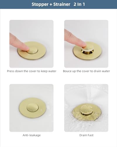 Hibbent 2 Pack All Metal Universal Bathroom Sink Stopper for 1.1''~2.3'' Basin, Pop Up Sink Drain Strainer, Brass Core Push Type Stopper, Stainless Steel Anti Clogging Drain Filter, Brushed Gold - Image 6