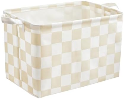 Ohocut Beige White Checkered Canvas Basket, Rectangular Organizing Decorative Storage Basket for Kids Dog Toy, Cute Aesthetic Race Cars Boy Room Decor for Home, Kitchen, Bedroom, Classroom, Shelves by Ohocut