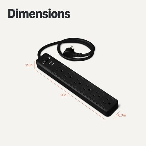Amazon Basics Rectangle 6-Outlet Surge Protector Power Strip with Circuit Breaker, 600 Joule, 2ft Cord, Black, 2-Pack - Image 5