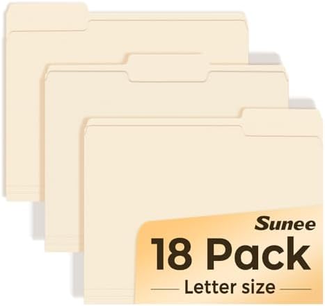 SUNEE File Folders, 18 Pack Manilla Folders 8.5 x 11, 1/3 Cut Tab for Easy Labeling and Organization, Durable Standard Paper for Home, Office, School Filing by SUNEE