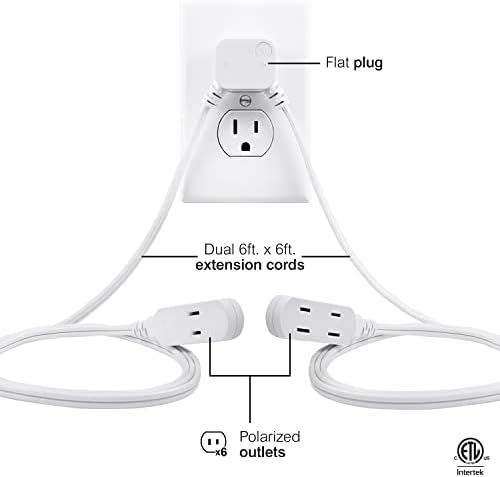 GE 12 Ft Twin Extension Cord, Dual 6 Ft Cords, 6 Total Outlet, Flat Plug - Image 2